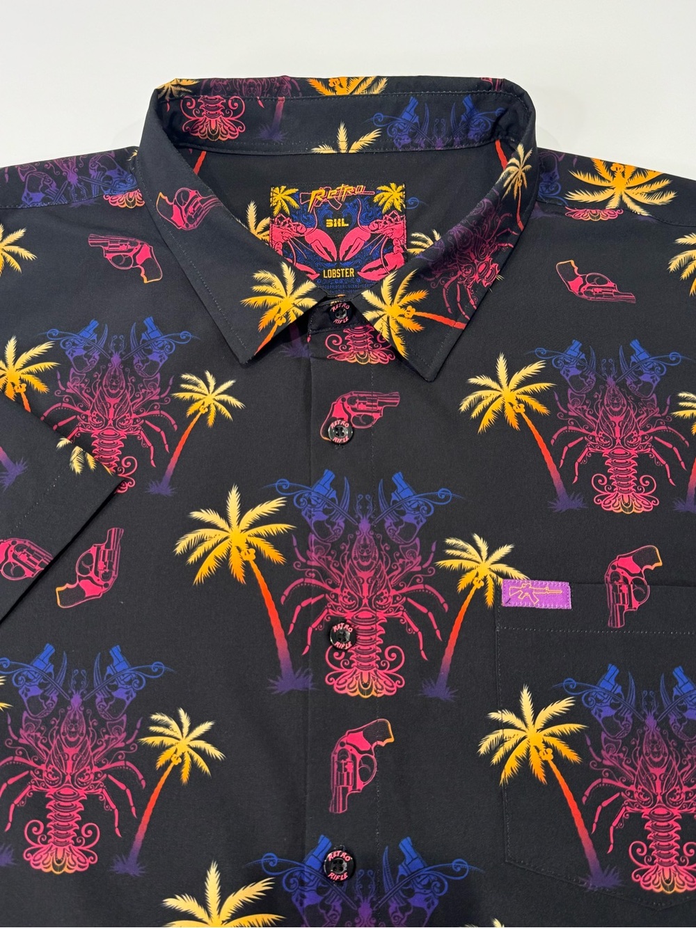 Retro Rifle Men's 3XL Short Sleeve Button Down Lobster Pistol Tropical Palm Tree